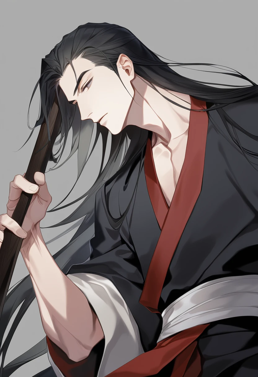 (masterpiece, best quality:1.2), 1male, solo, wei wuxian, mo dao zu shi, mdzs, black and red clothes, grey eyes, long black hair, perfect anatomy, red ribbon around the waist