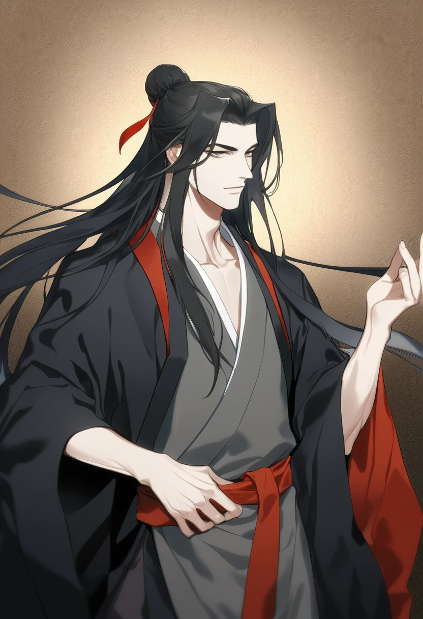 (masterpiece, best quality:1.2), 1male, solo, wei wuxian, mo dao zu shi, mdzs, black and red clothes, grey eyes, long black hair, perfect anatomy, red ribbon around the waist
