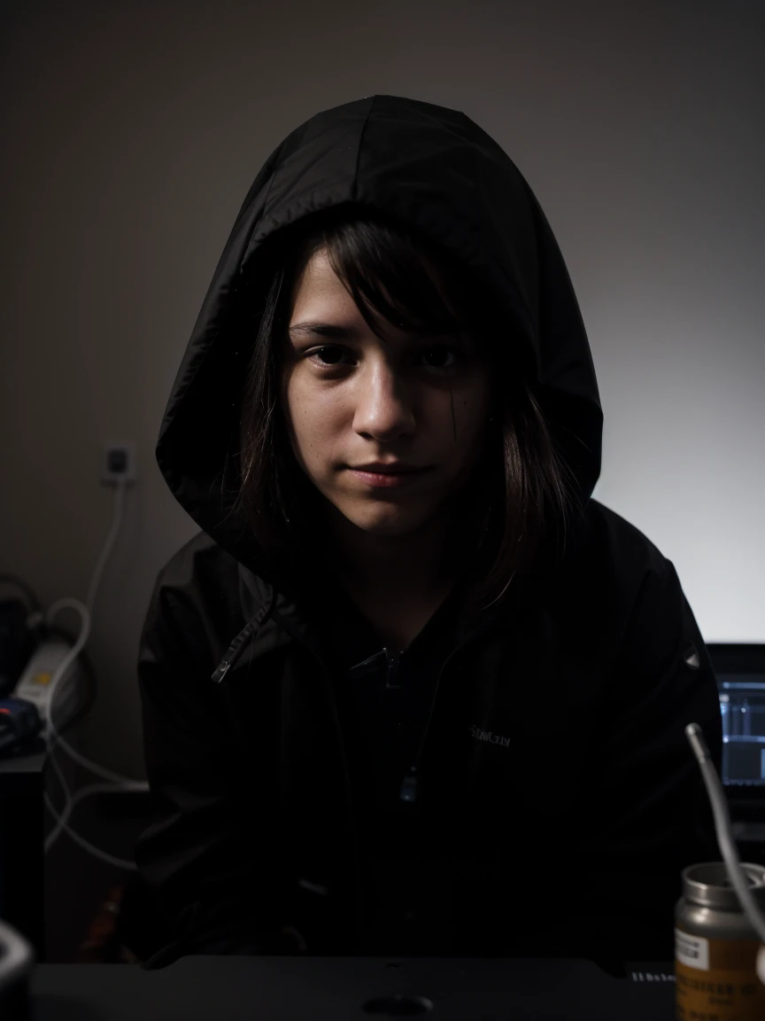 a makeshift dark hacker&#39;s room, a huge server with several inputs and cables connected , 3 monitors, photograph taken from a cell phone in low light and not very sharp , but with details identical to real life !
