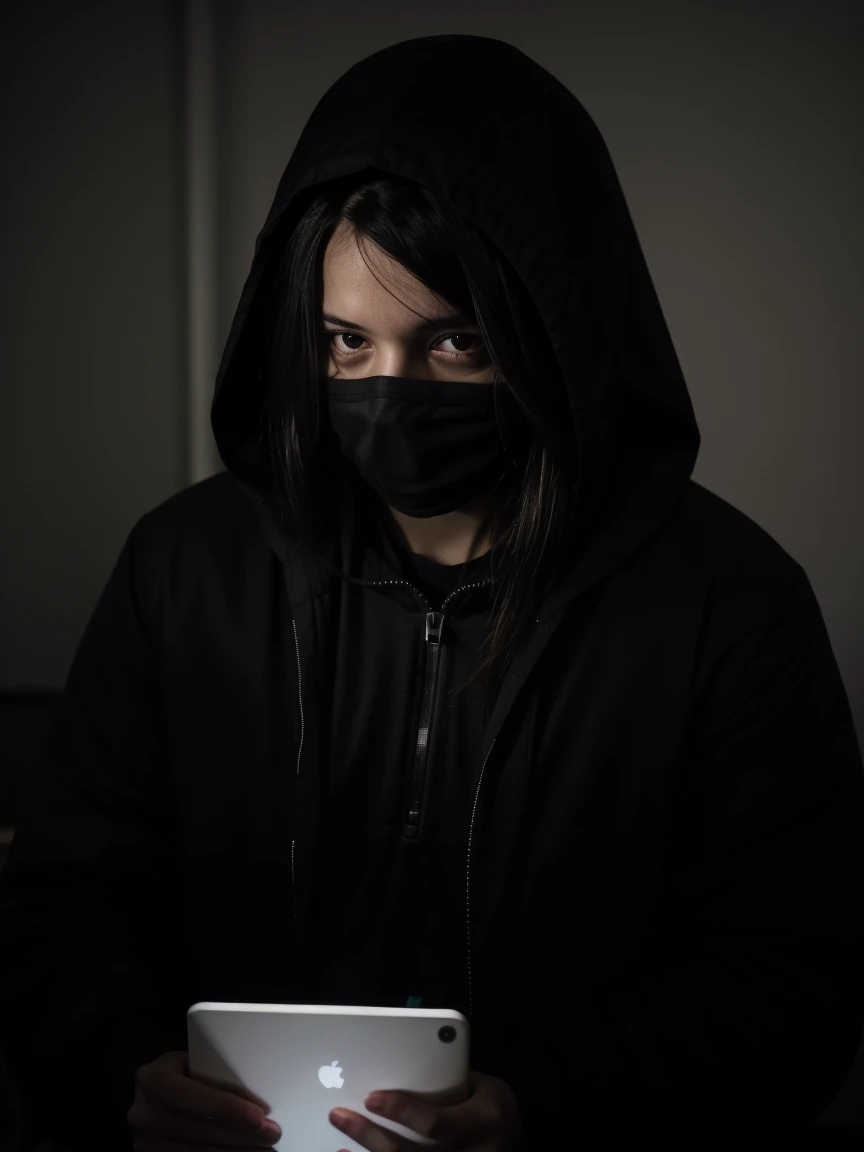 a makeshift dark hacker's room, a huge server with several inputs and cables connected , 3 monitors, photograph taken from a cell phone in low light and not very sharp , but with details identical to real life !