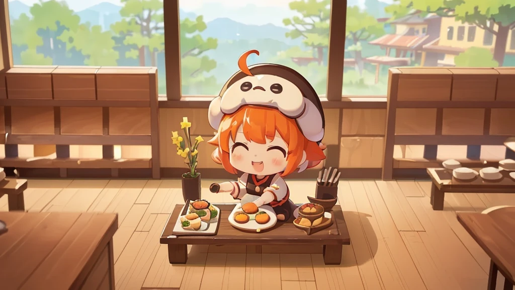 (((masutepiece))), Best Quality, Extremely detailed, (Chef Costume:1.2), (Chef's Hat), (((girl)), (((Solo))), Happy, ((Half body)), Ahoge, (((Deformed))), (((Chibi Character))), ((crossed arms))), (((cooking)), ((many food)), (( food on table)), ((( Restaurant))), (((standing in front of the restaurant))), ((Front of restaurant)), panoramic country background, (((overview))), (((Perspective)))