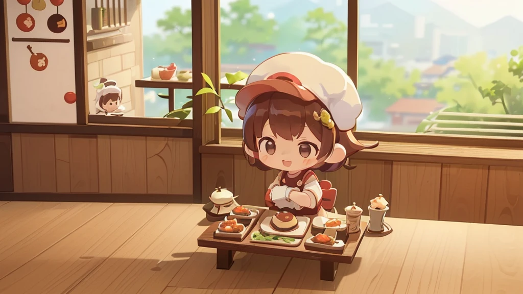 (((masutepiece))), Best Quality, Extremely detailed, (Chef Costume:1.2), (Chef's Hat), (((girl)), (((Solo))), Happy, ((Half body)), Ahoge, (((Deformed))), (((Chibi Character))), ((crossed arms))), (((cooking)), ((many food)), (( food on table)), ((( Restaurant))), (((standing in front of the restaurant))), ((Front of restaurant)), panoramic country background, (((overview))), (((Perspective)))