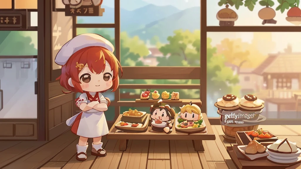 (((masutepiece))), Best Quality, Extremely detailed, (Chef Costume:1.2), (Chef's Hat), (((girl)), (((Solo))), Happy, ((Half body)), Ahoge, (((Deformed))), (((Chibi Character))), ((crossed arms))), (((cooking)), ((many food)), (( food on table)), ((( Restaurant))), (((standing in front of the restaurant))), ((Front of restaurant)), panoramic country background, (((overview))), (((Perspective)))