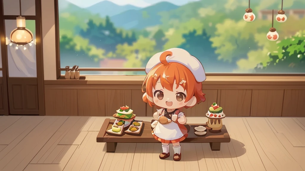 (((masutepiece))), Best Quality, Extremely detailed, (Chef Costume:1.2), (Chef's Hat), (((girl)), (((Solo))), Happy, ((Half body)), Ahoge, (((Deformed))), (((Chibi Character))), ((crossed arms))), (((cooking)), ((many food)), (( food on table)), ((( Restaurant))), (((standing in front of the restaurant))), ((Front of restaurant)), panoramic country background, (((overview))), (((Perspective)))