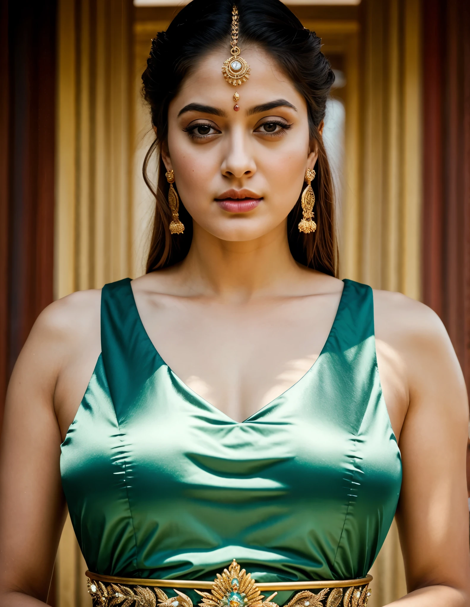 Looks like Sandeepa Dhar, "Design an illustration of a stunning and powerful warrior queen with a regal presence. She should possess a combination of strength and grace. Imagine her in ornate, yet practical armor that complements her figure. The armor should be adorned with intricate details and symbols representing her royal lineage and warrior prowess. Her weapon of choice could be a unique and elegant sword or a mythical weapon that reflects her status as a formidable leader.
Her facial features should exude confidence and determination, with piercing eyes that convey both fierceness and wisdom. The queen's hair, whether long or short, should flow dynamically, hinting at her movement in battle. Consider incorporating elements that emphasize her connection to nature or a mythical realm, such as ethereal backgrounds, symbolic animals, or mystical symbols.
Pay attention to the color palette; use rich, bold colors that enhance her royal aura. Experiment with lighting to highlight specific details and create a sense of drama. Ensure that her posture and expression capture the essence of a queen who commands respect and admiration. Feel free to draw inspiration from historical warrior queens or fictional characters, blending elements to create a unique and captivating image."