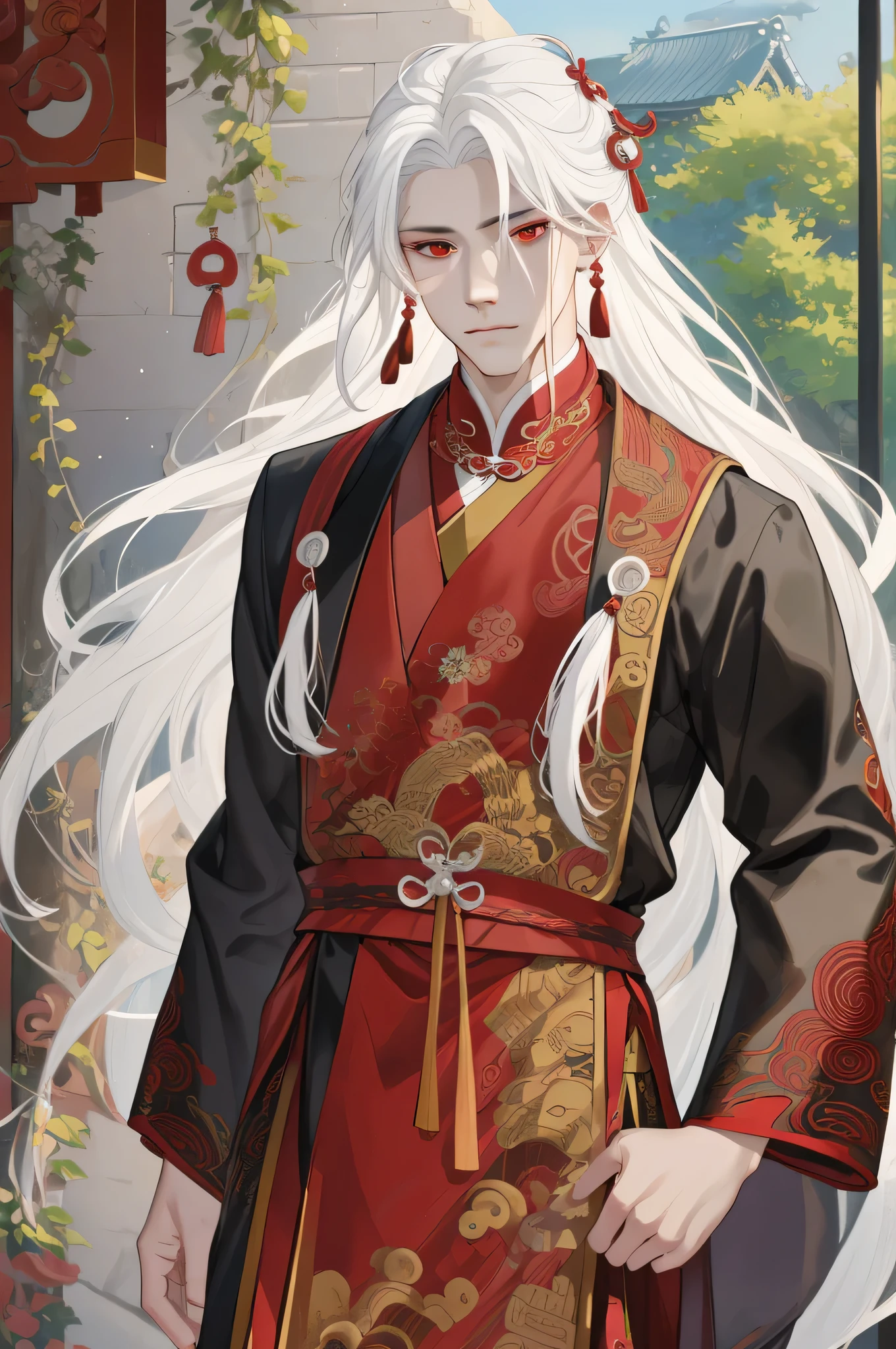 nsfw, masterpiece, best quality, ultra-detailed, semi-realistic, detailed facial features, 1boy, white hair, long hair, red eyes, wearing a detailed and intricate xianxia ancient clothes