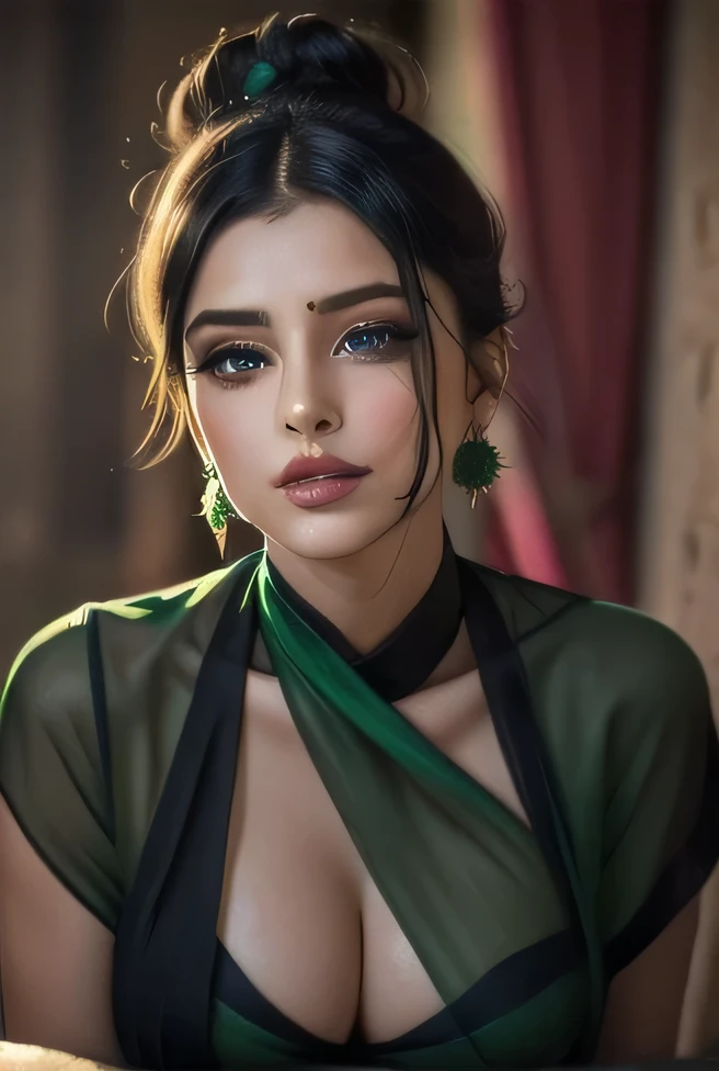 Amazing portrait of a sexy woman with a beautiful face emphasized by amazing makeup and beautifully detailed eyes with perfect lips wearing her black hair in a messy bun blushing intensely as she's flustered and lustful wearing some elegant earrings and a black blouse paired with a sheer dark green saree making her look hot with vibrant colors and soft lighting