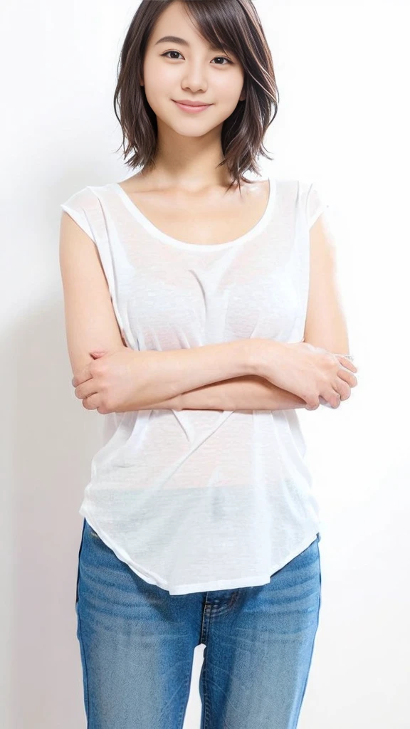 (Open right and left arms wide:1.7),
A slightly sideways face and a big smile,
18yo, (See-through:1.1), (white Baggy T-shirt1.2), (huge breasts1.1), Bikini bottom Slightly short hair, (Hair above shoulders:1.1), brown hair,