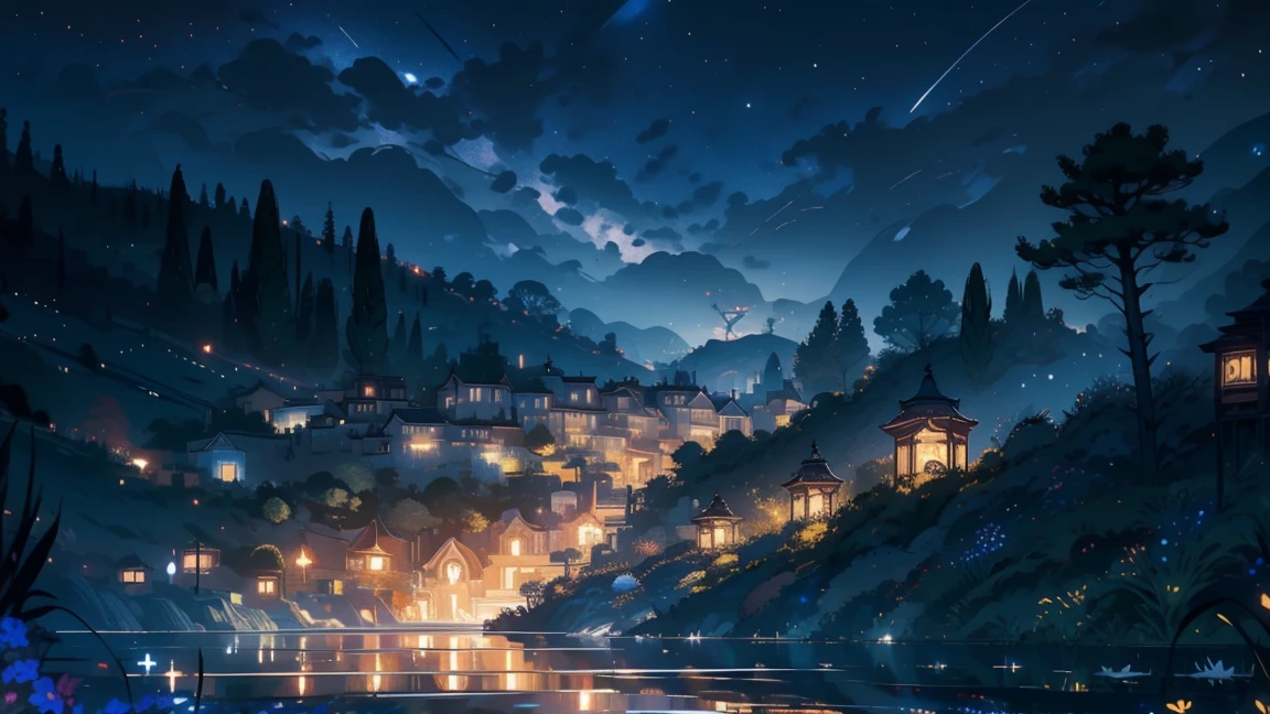 Stylish town,Master Parts, Nice, landscape, (((no_Humanos))), night, flower, garden, Starry Sky, constellation, wonderful, Looking down, water, warm, comfortable, peaceful, meteor, universe, magic, magic, detailed, fair, ((Firefly))