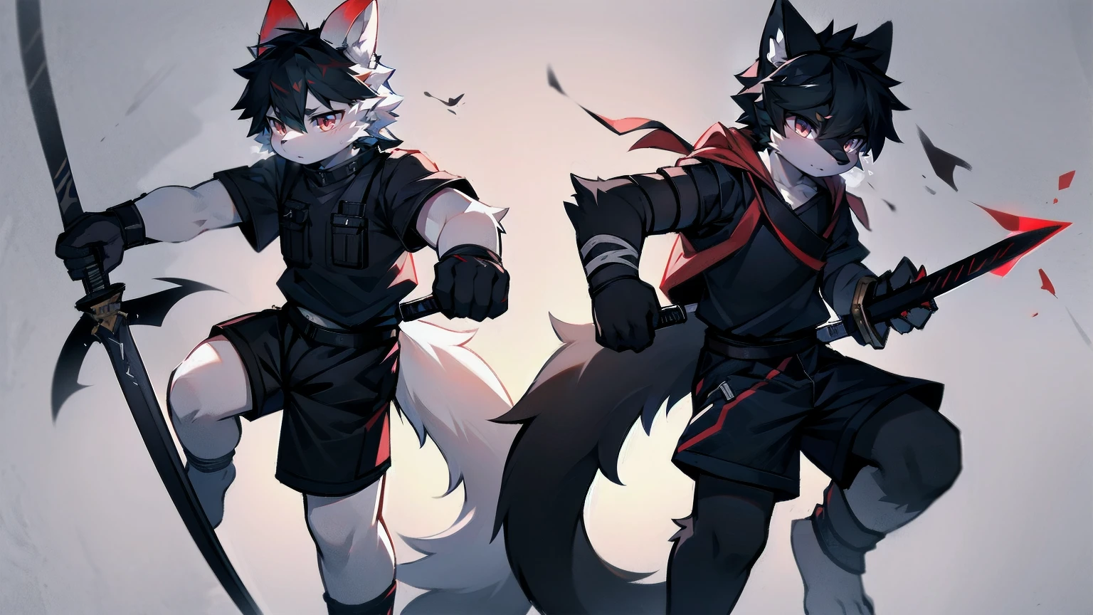 White Wolf,black hair,Red eyes,Wolf ears,Wolf Tail,juvenile,male,hairy,Hair,Half body armor,Combat uniform,Silver and black clothing,Handsome,Handsome,shorts,The forearm is exposed,leg,Fighting Stance,Duel,Two people,Anxious,Armed with a sword,Simple background,Swords