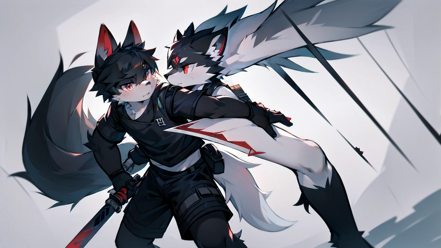 White Wolf，black hair，Red eyes，Wolf ears，Wolf Tail，juvenile，male，hairy，Hair，Half body armor，Combat uniform，Silver and black clothing，Handsome，Handsome，shorts，The forearm is exposed，leg，Fighting Stance，Duel，Two people，Anxious，Armed with a sword，Simple background，Swords