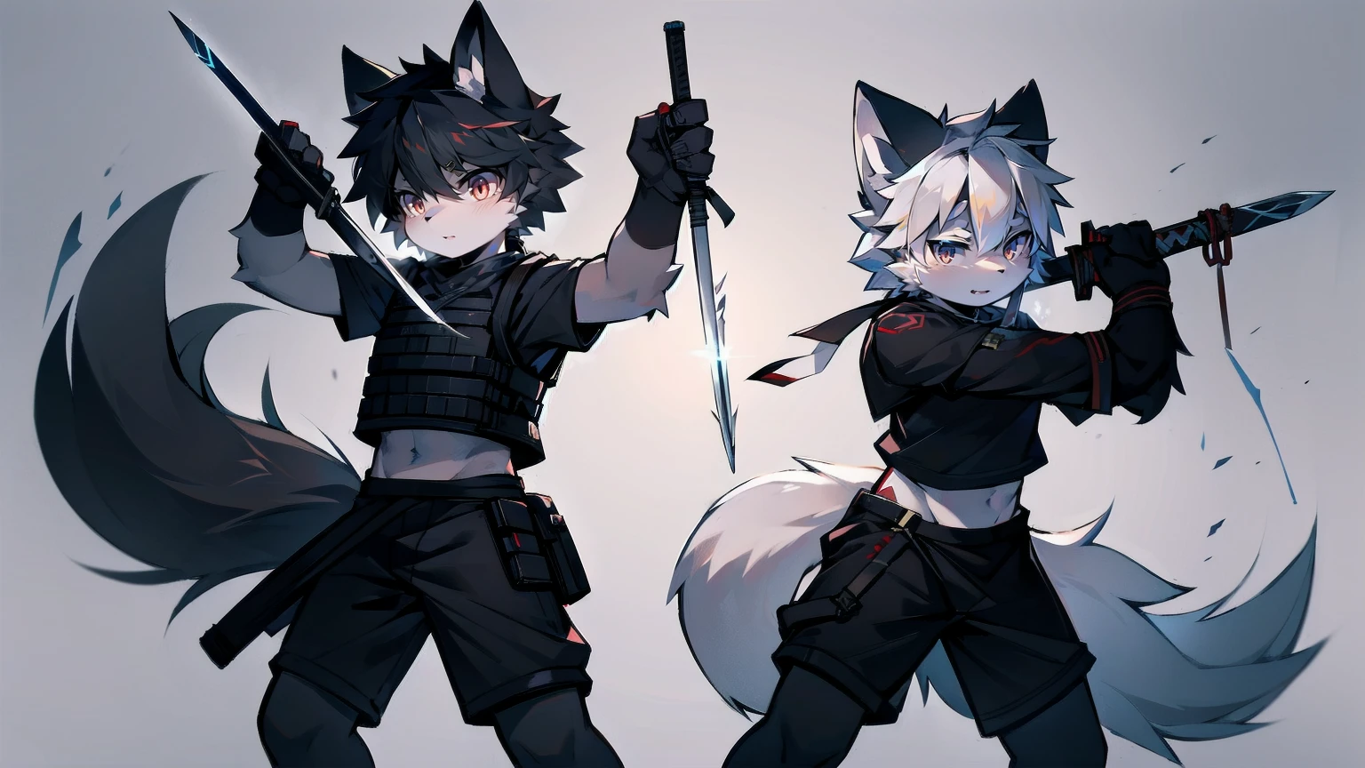 White Wolf,black hair,Red eyes,Wolf ears,Wolf Tail,juvenile,male,hairy,Hair,Half body armor,Combat uniform,Silver and black clothing,Handsome,Handsome,shorts,The forearm is exposed,leg,Fighting Stance,Duel,Two people,Anxious,Armed with a sword,Simple background,Swords