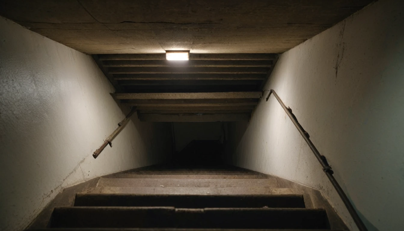stairs leading down to an unlit and dark basement. the image is seen from the top of the stairs. the image generates fear and mysteries