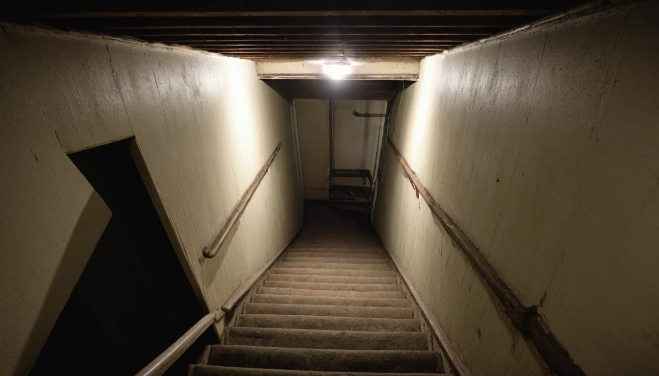 stairs leading down to an unlit and dark basement. the image is seen from the top of the stairs. the image generates fear and mysteries