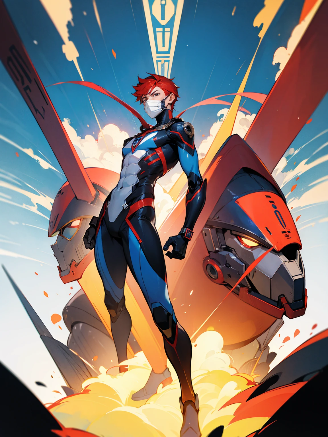 1male, super suit, red hair, robot mask, portal to egypt in background, standing on path