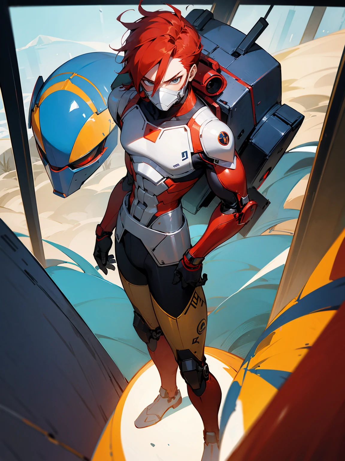 1male, super suit, red hair, robot mask, portal to egypt in background, standing on path