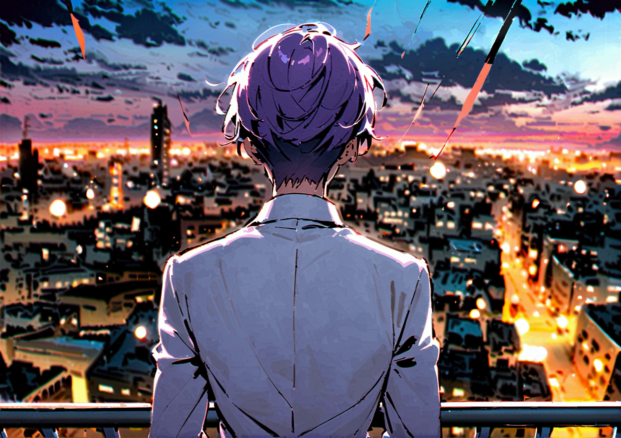 A man with purple hair in a white suit turns his back on the city at night.