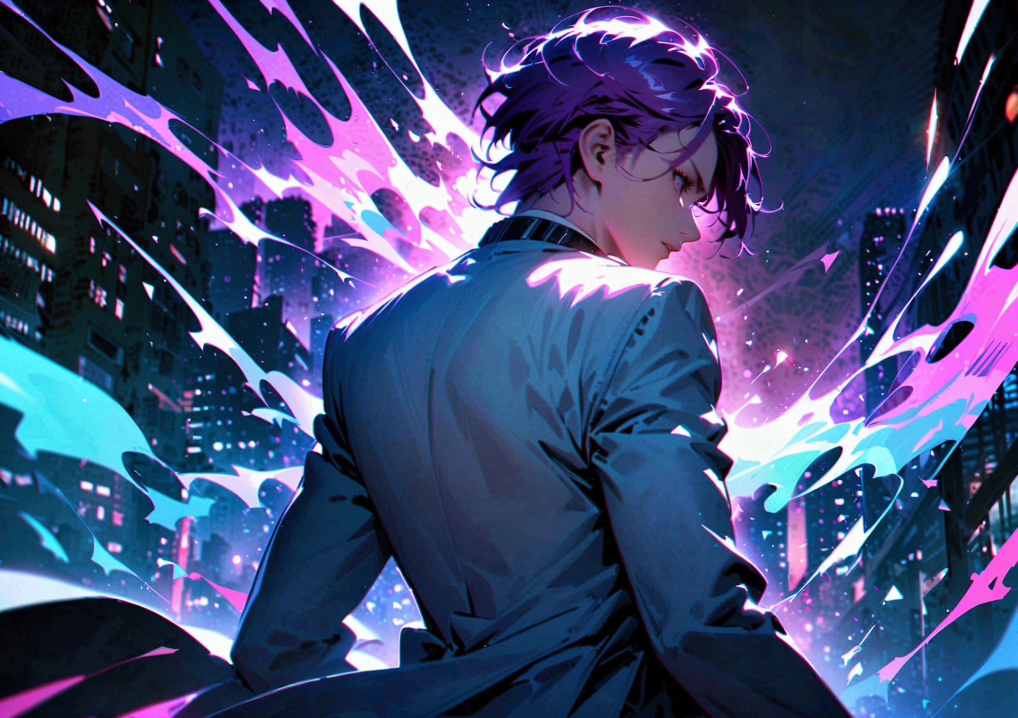 A man with purple hair in a white suit turns his back on the city at night.