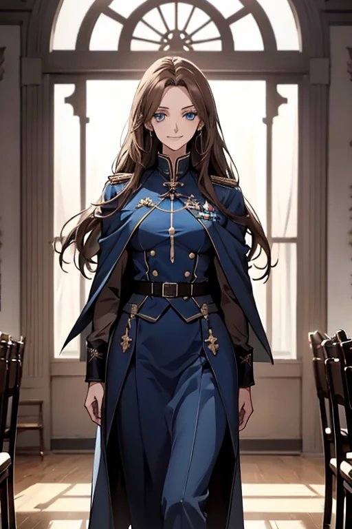 (Highest quality,High resolution,Very detailed),1 Girl, Beautiful and elegant light blue eyes, Brown Hair, Cold Smile,Straight long hair tied back, Wearing black military uniform, Mature Woman, Age 25,Cruel smile, Calm and Calm, Slim figure, Pale complexion, thin, Calm,conference room,Half Cloak
