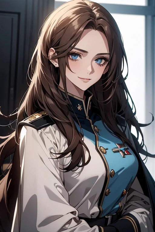 (Highest quality,High resolution,Very detailed),1 Girl, Beautiful and elegant light blue eyes, Brown Hair, Cold Smile,Straight long hair tied back, Wearing black military uniform, Mature Woman, Age 25,Cruel smile, Calm and Calm, Slim figure, Pale complexion, thin, Calm,conference room,Half Cloak
