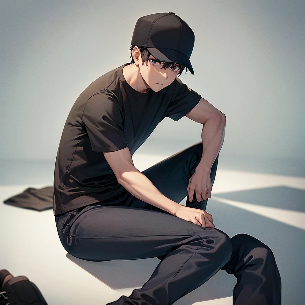 Image of a man sitting on the floor of normal build with dark skin with short hair wearing a cap and black t-shirt with the initials CF, black pants and Adidas shoes 