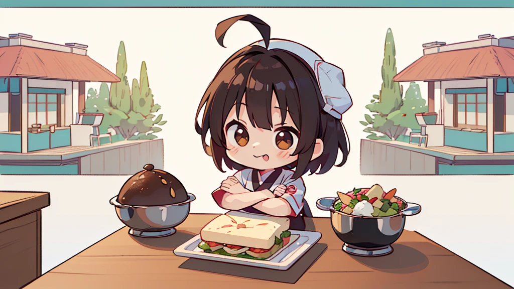 (((masutepiece))), Best Quality, Extremely detailed, (Chef Costume:1.2), (Chef's Hat), (((girl)), (((Solo))), Happy, ((Half body)), Ahoge, (((Deformed))), (((Chibi Character))), ((crossed arms))), (((cooking)), ((many food)), (( food on table)), ((( Restaurant))), (((standing in front of the restaurant))), ((Front of restaurant)), panoramic country background, (((overview))), (((Perspective)))