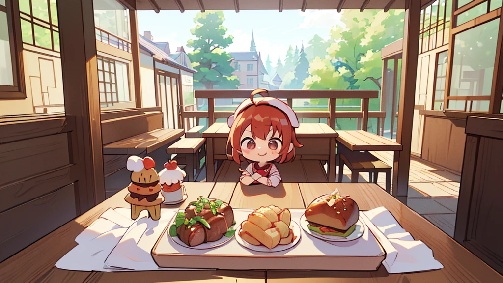 (((masutepiece))), Best Quality, Extremely detailed, (Chef Costume:1.2), (Chef's Hat), (((girl)), (((Solo))), Happy, ((Half body)), Ahoge, (((Deformed))), (((Chibi Character))), ((crossed arms))), (((cooking)), ((many food)), (( food on table)), ((( Restaurant))), (((standing in front of the restaurant))), ((Front of restaurant)), panoramic country background, (((overview))), (((Perspective)))