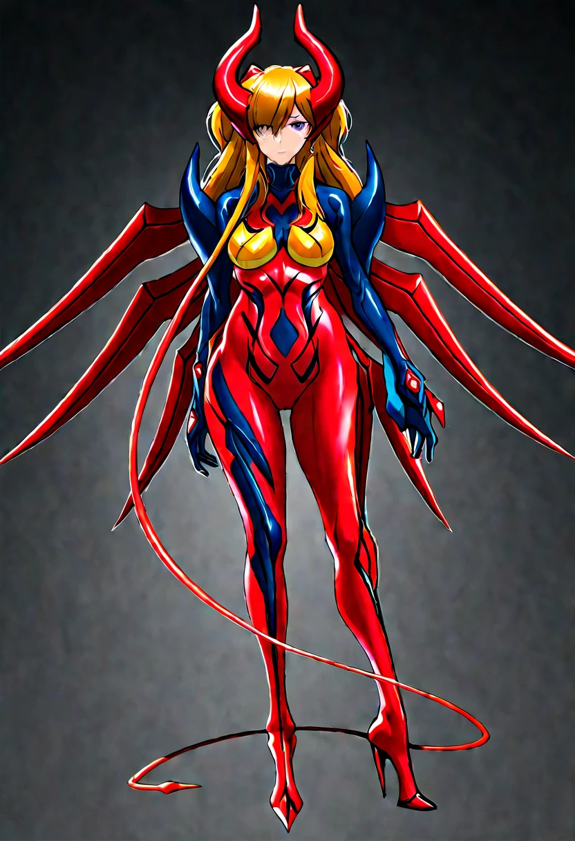 NSFW，Full-body concept art, 1 woman,asuka langley shikinami test plug suit，A figure fused with a dragon, witch blade motivism, evil fall, symbiote skin,  Blood vessels floating all over the body, full body suit, enemy woman, bio full skin suit, high image quality, real, high detail, 16K, purple gloves, renamon bodysuit, fortified suit, glossy, digimon, goddess, mature female, mistress, fox mask, masterpiece, more_details:-1, more_details:0, more_details:0.5, more_details:1, more_details:1.5