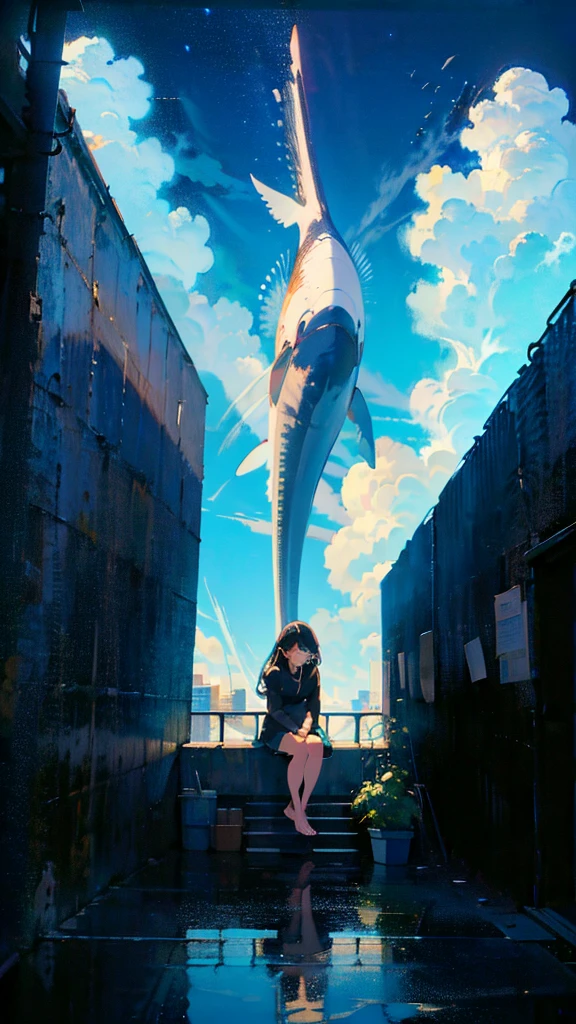 masterpiece, Exquisite detail,Highest quality, One girl, alone, handrail, cloud, Looking up at the buildings,Long Hair, NULL, Long sleeve, Power lines, White footwear, Black Hair, View your viewers, Electric pole, bangs, cloudy NULL, fish, bird, Green Eyes, Shorts, Day, Black Shirt, barefoot,Whale flying in the sky,Giant whale,night,star,milky way,night,Pitch black,Buildings,Sitting, High quality anime art style,Standing painting,Splash ink background,Blue Themes