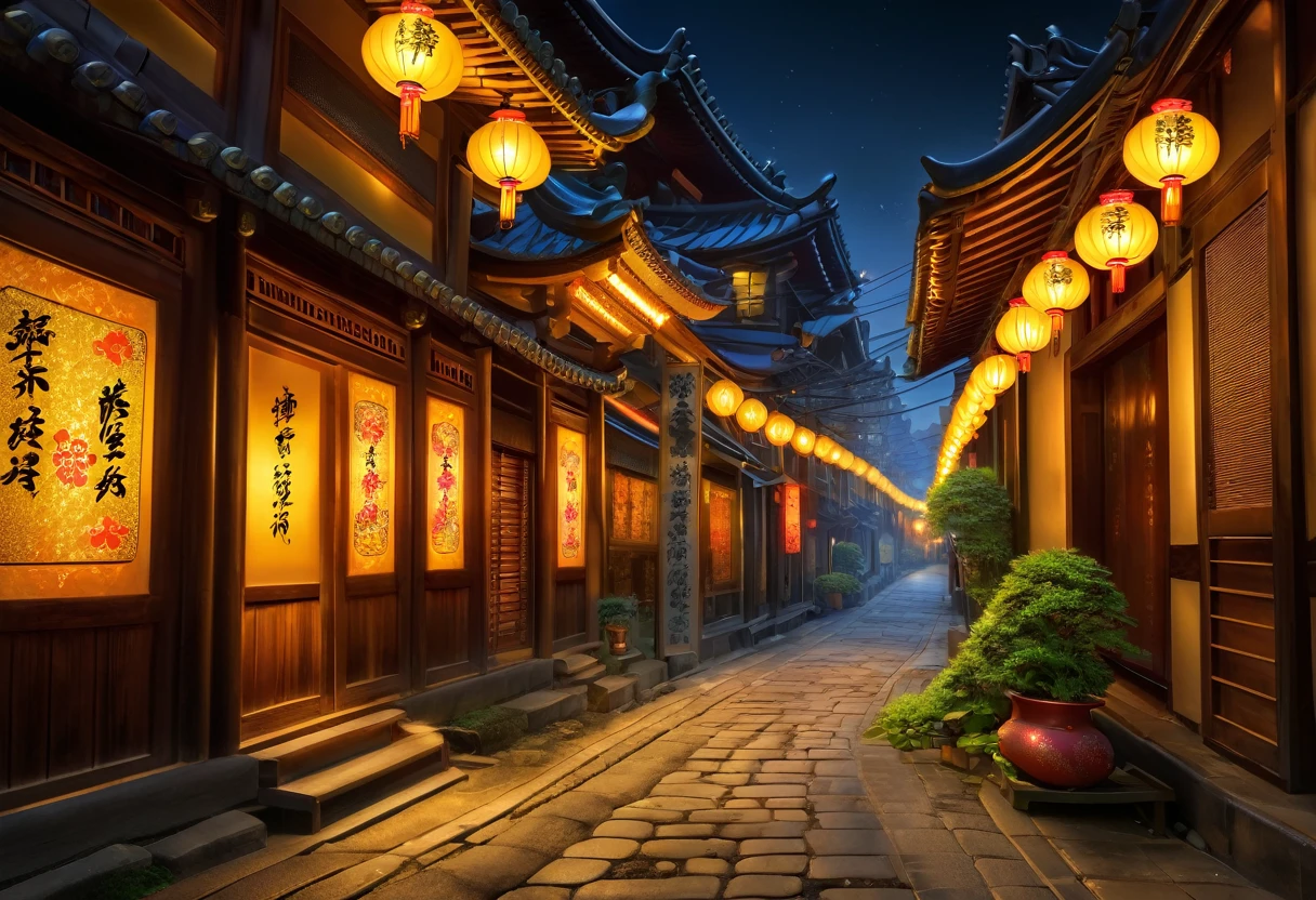 golden alley mystical artistic, night, ,maneki neko, gold lighting, HDR, 4k resolution, (painting realistic : 1.3), (ultra high resolution: 1.0 ), (((best quality, 8 thousand, masterpiece:1.4))