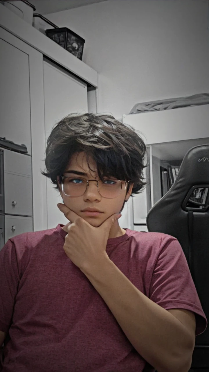 draw this boy as if he were a male wizard with medium hair, smooth and black. This character is beige, has bright blue eyes and black glasses. There&#39;s also a navy blue shirt with a print of a wolf on the moon.