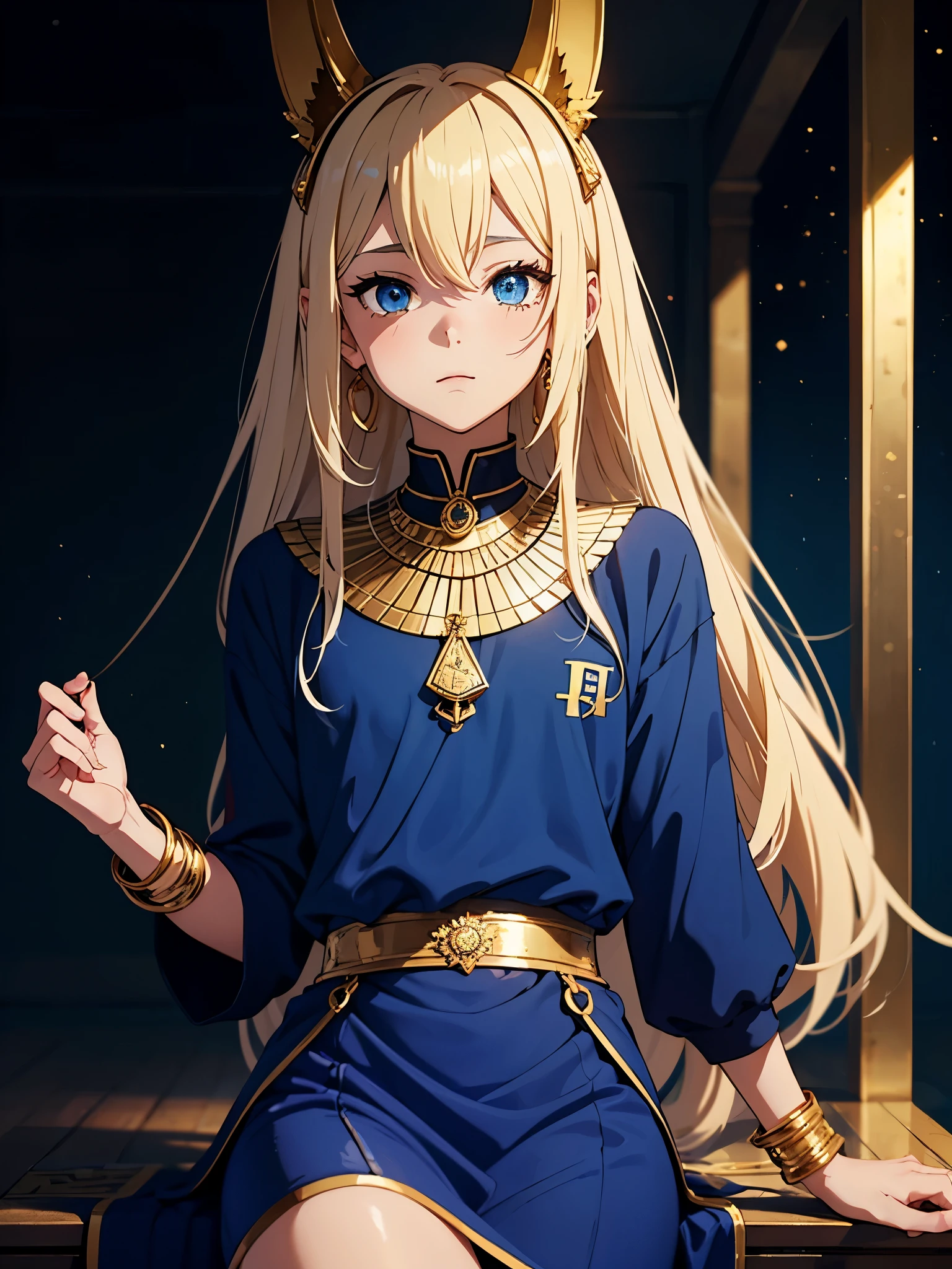 More anime style. cutie pie. アニメ! Teenage boy. Egyptian deity Anubis. Egyptian blue clothing. Blue clothes.  long blond hair. Lots of gold jewelry. dark skin. Egyptian. dazzling blue eyes. mystical. divine.
