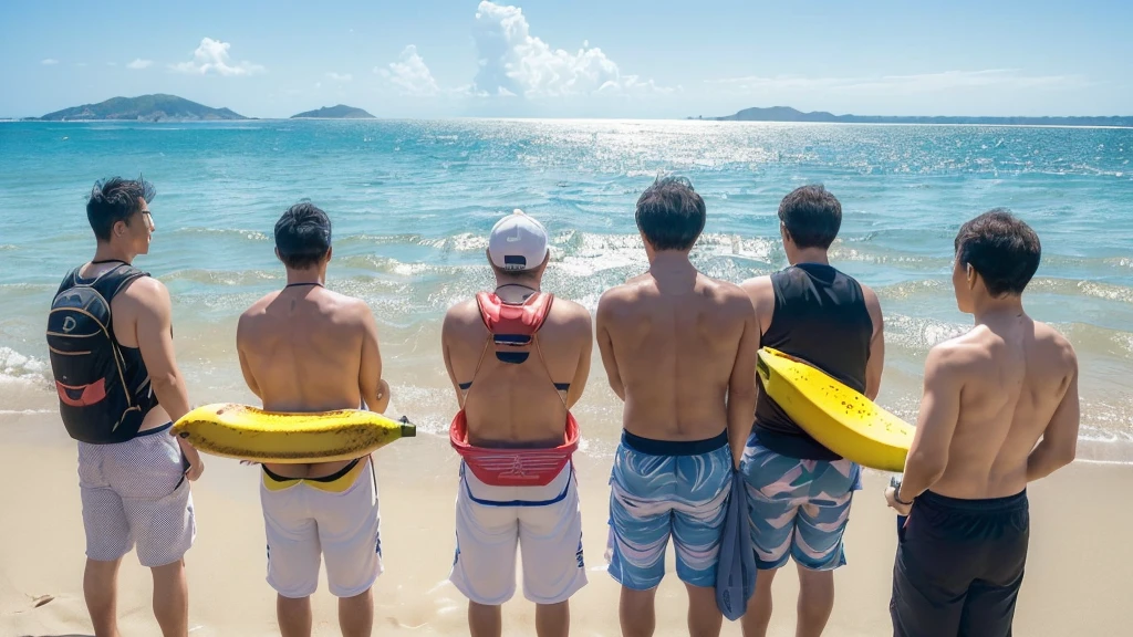 ultra-detailed, Angle from the front, (The view from below:1.4),
Beach, (Four Japanese men facing forward, standing at a distance and facing the viewer:1.6), Four Smiles, wearing only swim trunks,
(crowd of men:1.1), beach chairs, beach ball, Beach umbrellas a short distance away, (toy banana boat in the sea:1.3), (Landscape Photography:0.7),