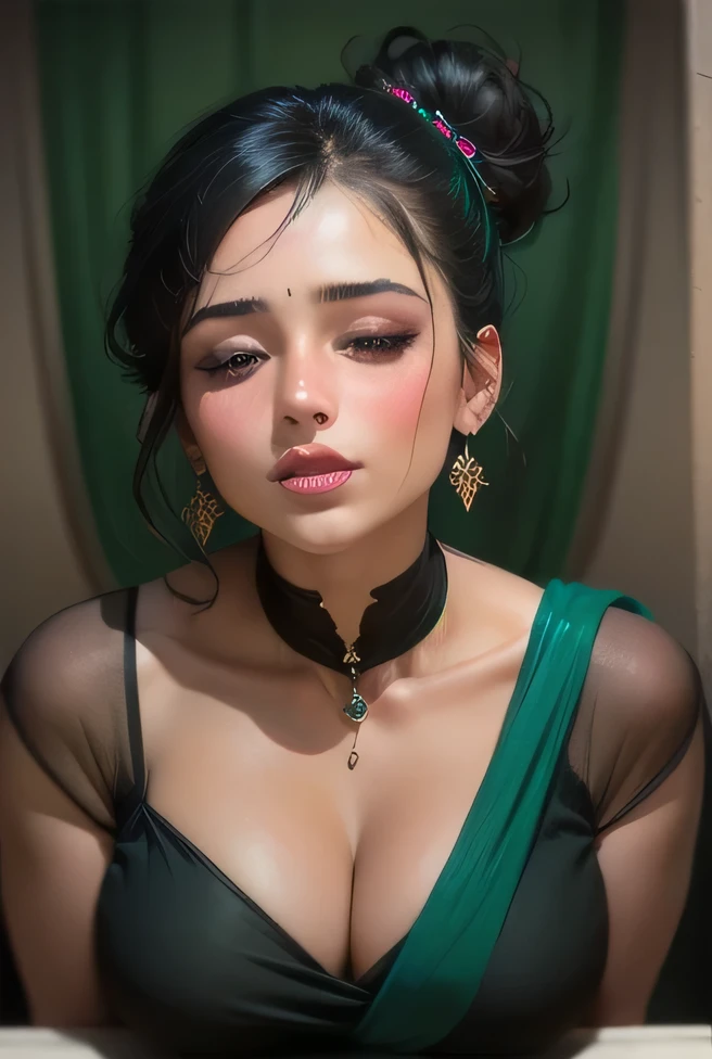  Amazing portrait of a sexy woman with a beautiful face emphasized by amazing makeup and beautifully detailed eyes with perfect lips wearing her black hair in a messy bun blushing intensely as she's flustered and lustful wearing some elegant earrings and a black blouse paired with a sheer dark green saree making her look hot with vibrant colors and soft lighting