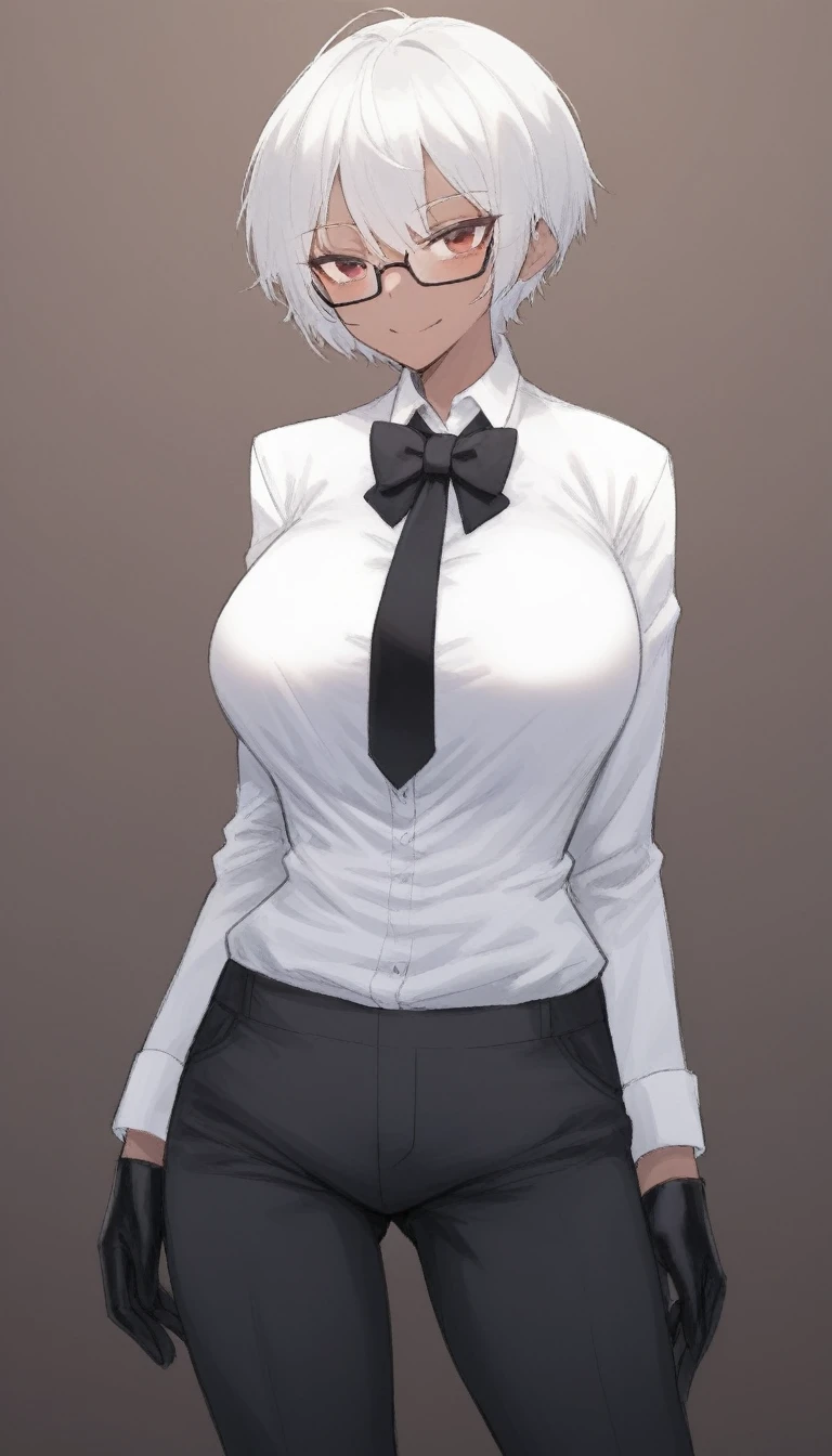 score_9, score_8_superior, score_7_superior, score_6_superior,sketch of male character artist in formal clothes and glasses, wearing a white shirt and black tie, 1girl, dark skin, solo, gloves, dark-skinned female, white hair, pants, short hair, shirt, black gloves, bow, black pants, glasses, breasts, bowtie, smile, white shirt, looking at viewer, long sleeves, cowboy shot