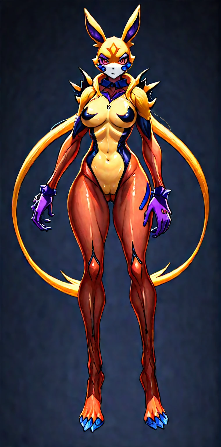 ((Whole body):1.5), browsing caution, whole body concept art, {(((1 Woman fused with renamon))}, {Wear renamon Skin's full body suit and renamon Skin's full face mask)}, {((Fusion with renamon))}, {((Life Clothes)}, {((Fallved into Evil, Fox Monster)}, {((Yellow Full Skin Suit))}, 16K, High quality, Attention to details, Ultra High Resolution,Full-body concept art, 1 woman,A figure fused with a dragon, witch blade motivism, evil fall, symbiote skin, Blood vessels floating all over the body, yellow and purple full body suit, enemy woman, bio full skin suit, high image quality, real, high detail, 16K, purple gloves, renamon bodysuit, fortified suit, glossy, digimon, goddess, mature female, mistress, fox mask, masterpiece, more_details:-1, more_details:0, more_details:0.5, more_details:1, more_details:1.5