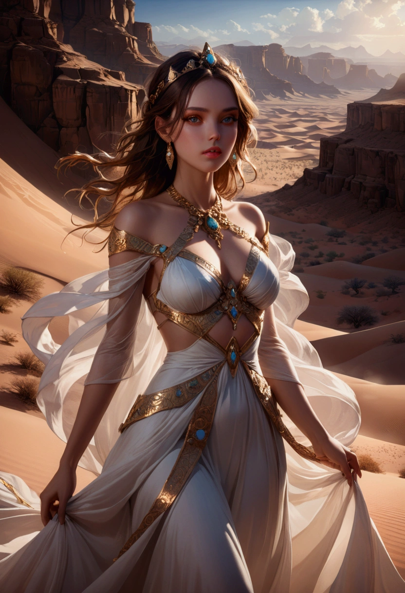 1girl, Desert Princess, A beautiful desert princess, detailed face, long eyelashes, full lips, flowing dress, intricate jewelry, desert landscape, dramatic lighting, epic fantasy, cinematic, highly detailed, 8K, masterpiece, best quality, very aesthetic, absurdres