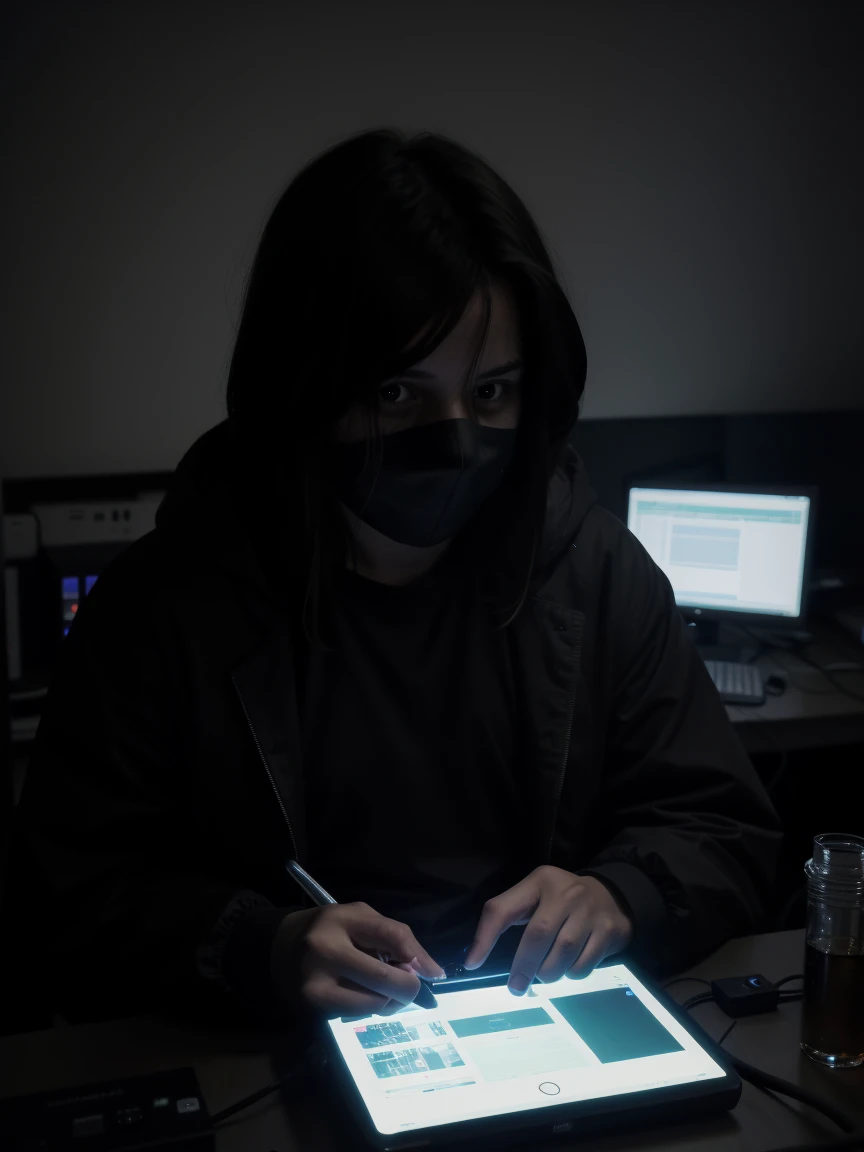 a makeshift dark hacker&#39;s room, a huge server with several inputs and cables connected , 3 monitors, photograph taken from a cell phone in low light and not very sharp , but with details identical to real life !
