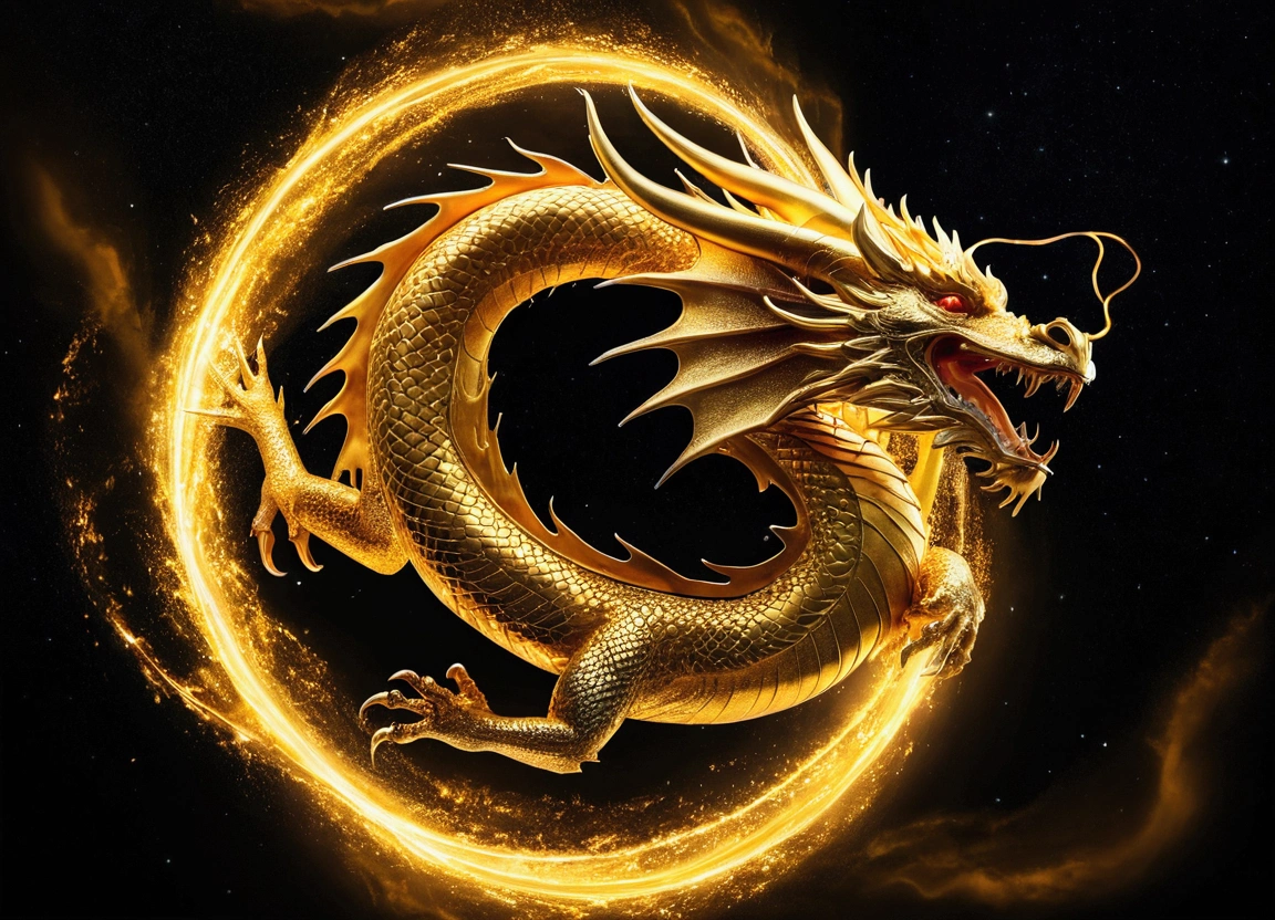 A golden dragon surrounded by a swirl of light flying through the sky