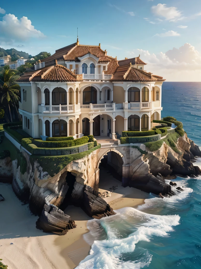 ((masterpiece、Highest quality、Very detailed、High resolution、Realistic、Sharp focus))、((No humans))、coastal、Large mansion、mansion by the sea