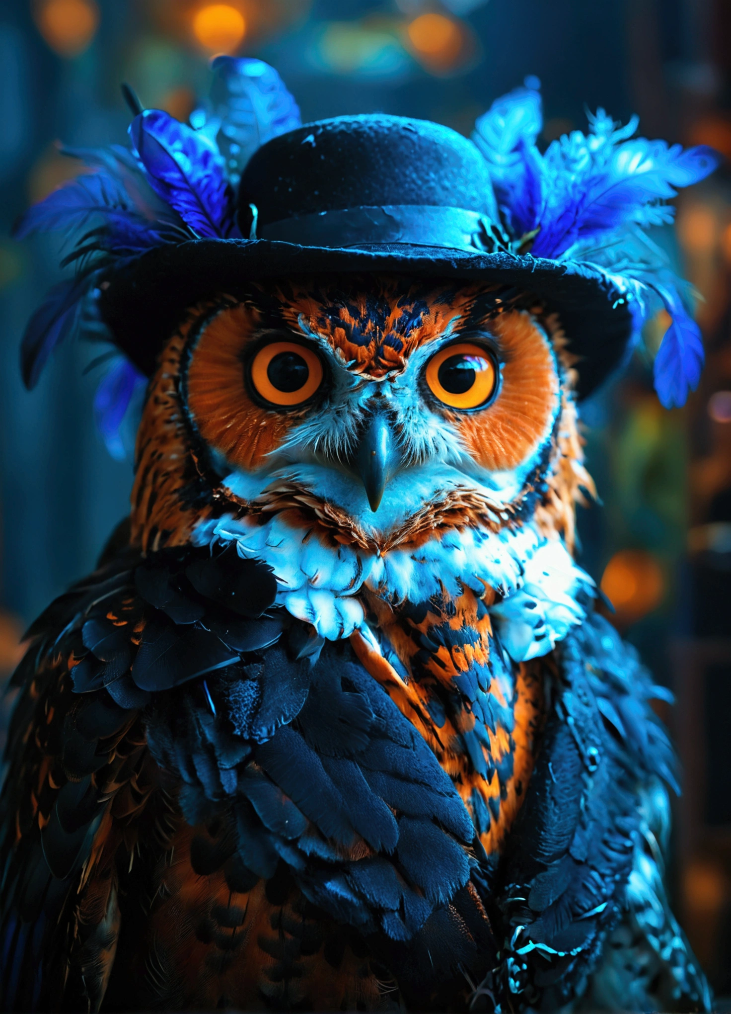 An owl with a humanoid body, usando um terno preto, blue feathers, mysterious look, wearing a black fedoora hat, utra-detailed, realisitic, photorealisitic, night time scene, in a recording studio, 4K, 8K, masterpiece, Depth of field, powerful presence.