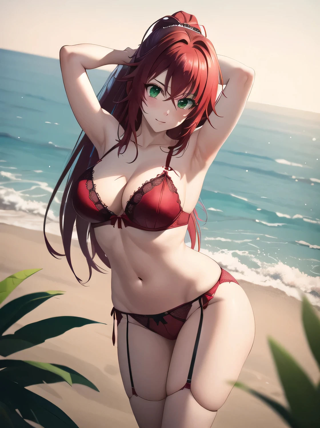 rias gremory, long hair, hair between eyes, (green eyes:1.3), red hair, masterpiece, best quality, highres, high_definition, long hair, a beach, 1girl, solo, a woman in a sexy red bridal lingerie, red glove, sexy pose, blush, bangs, hair_between_eyes, green eyes, veil, medium breasts, very long hair, ponytail, arms behind body, picture until her knees, sexy
