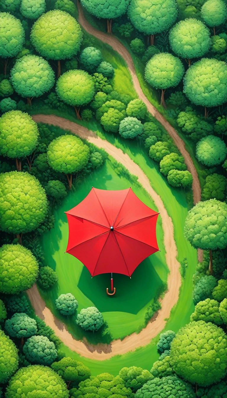 The art of dot painting:Flat Wind,Green,Top view,Aerial Photography,forest,The Trail,1 red umbrella