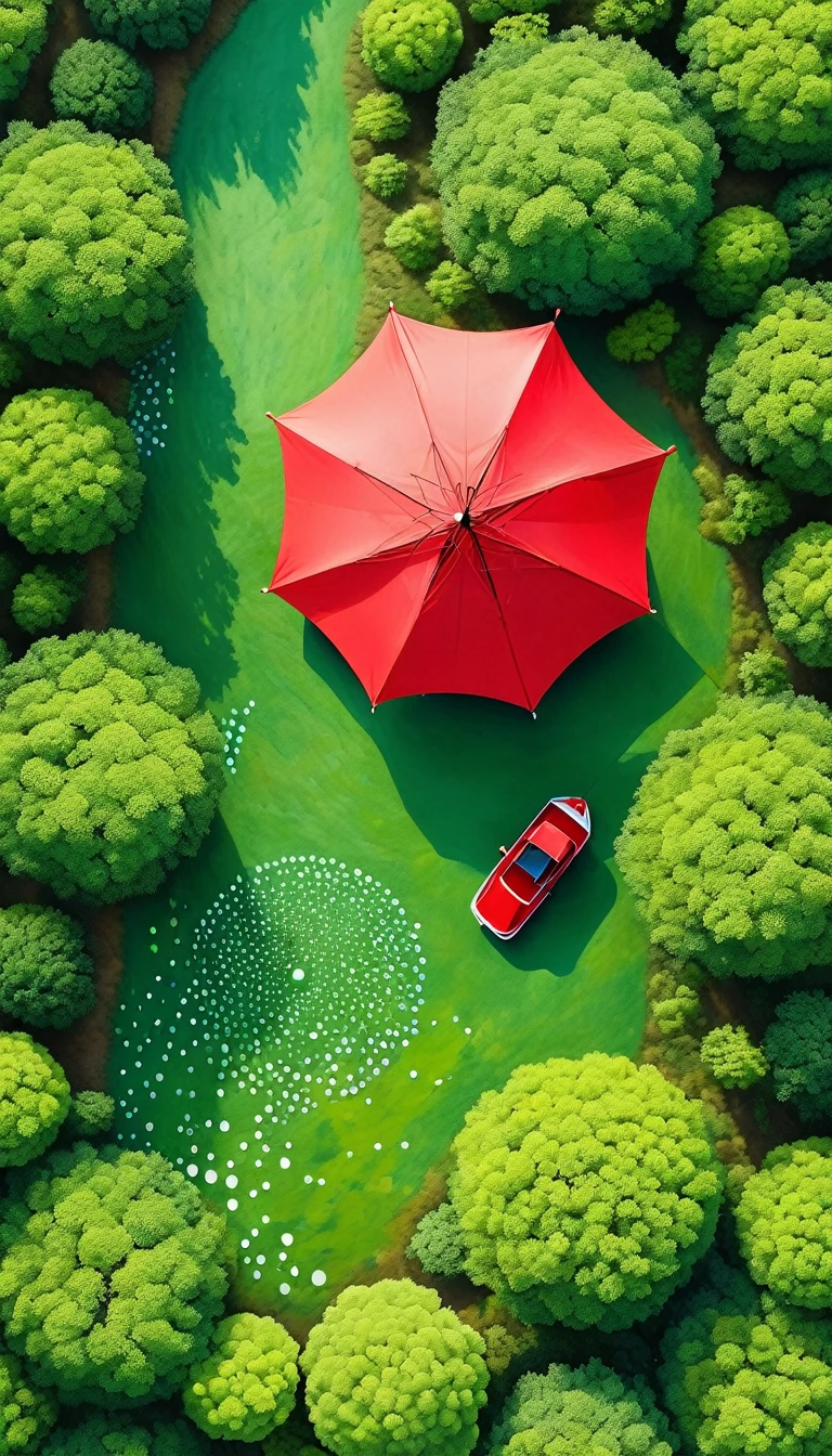 The art of dot painting:Flat Wind,Green,Top view,Aerial Photography,forest,The Trail,1 red umbrella