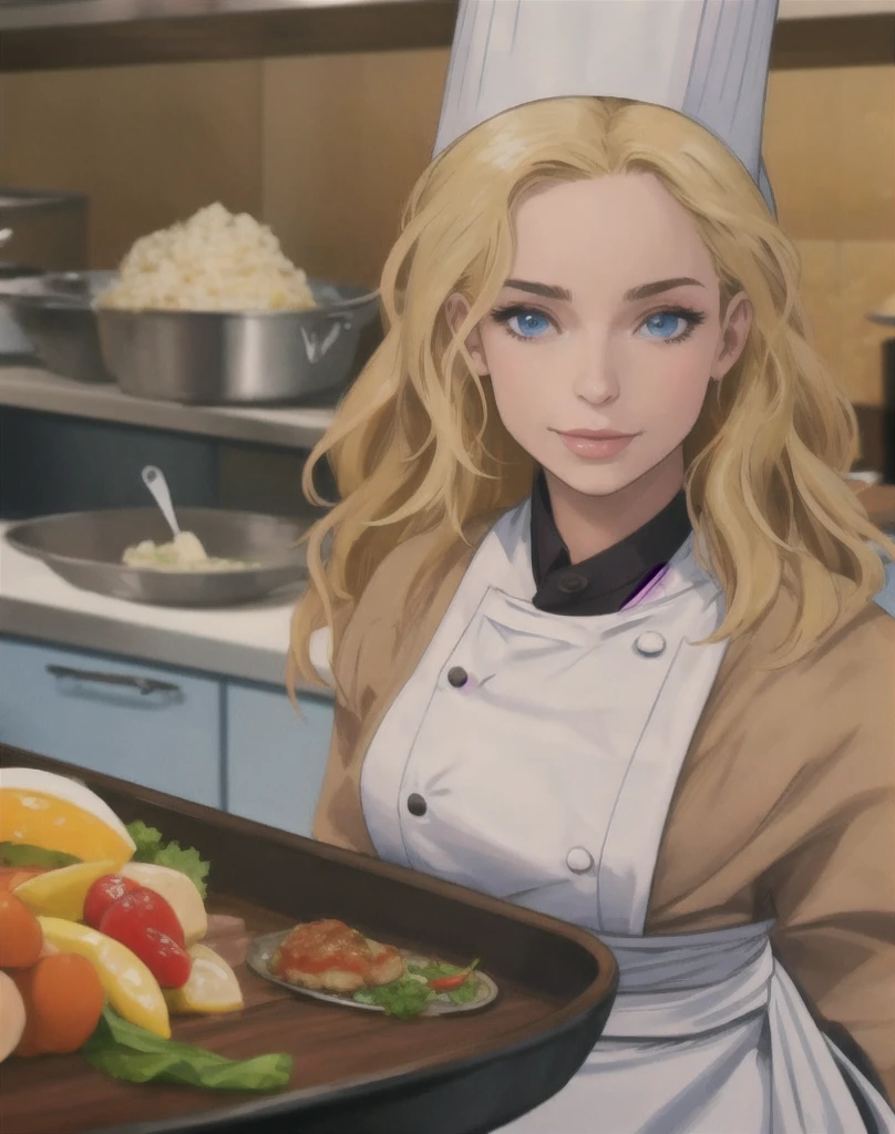 perfect, close-up, portrait, blonde chef chef looking at viewer