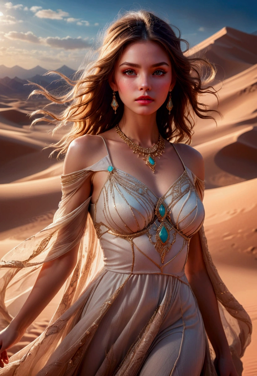 1girl, Desert Princess, A beautiful desert princess, detailed face, long eyelashes, full lips, flowing dress, intricate jewelry, desert landscape, dramatic lighting, epic fantasy, cinematic, highly detailed, 8K, masterpiece, best quality, very aesthetic, absurdres