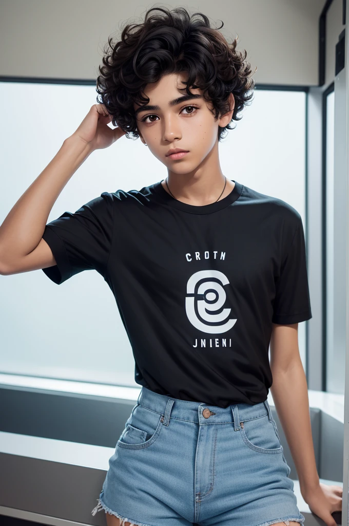 Create a teenager named Junio CÉSAR with brown skin and short curly black hair and a black shirt with white sleeves and blue shorts and hair with a short formal cut