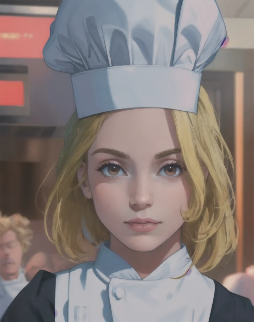white background, perfect, close-up, portrait, blonde chef chef looking at viewer