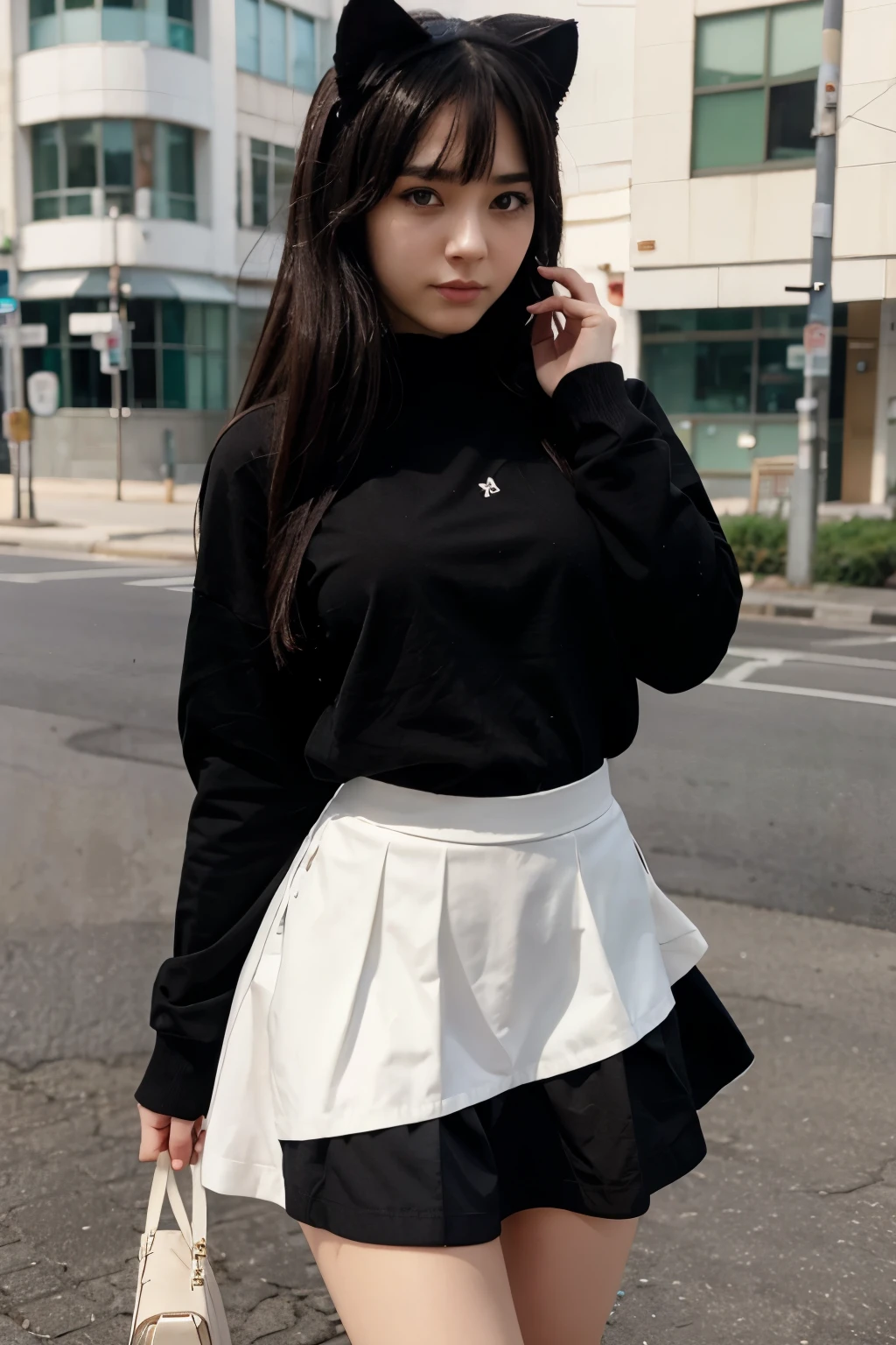 Neko anime girl with black clothes and a white skirt , beautiful