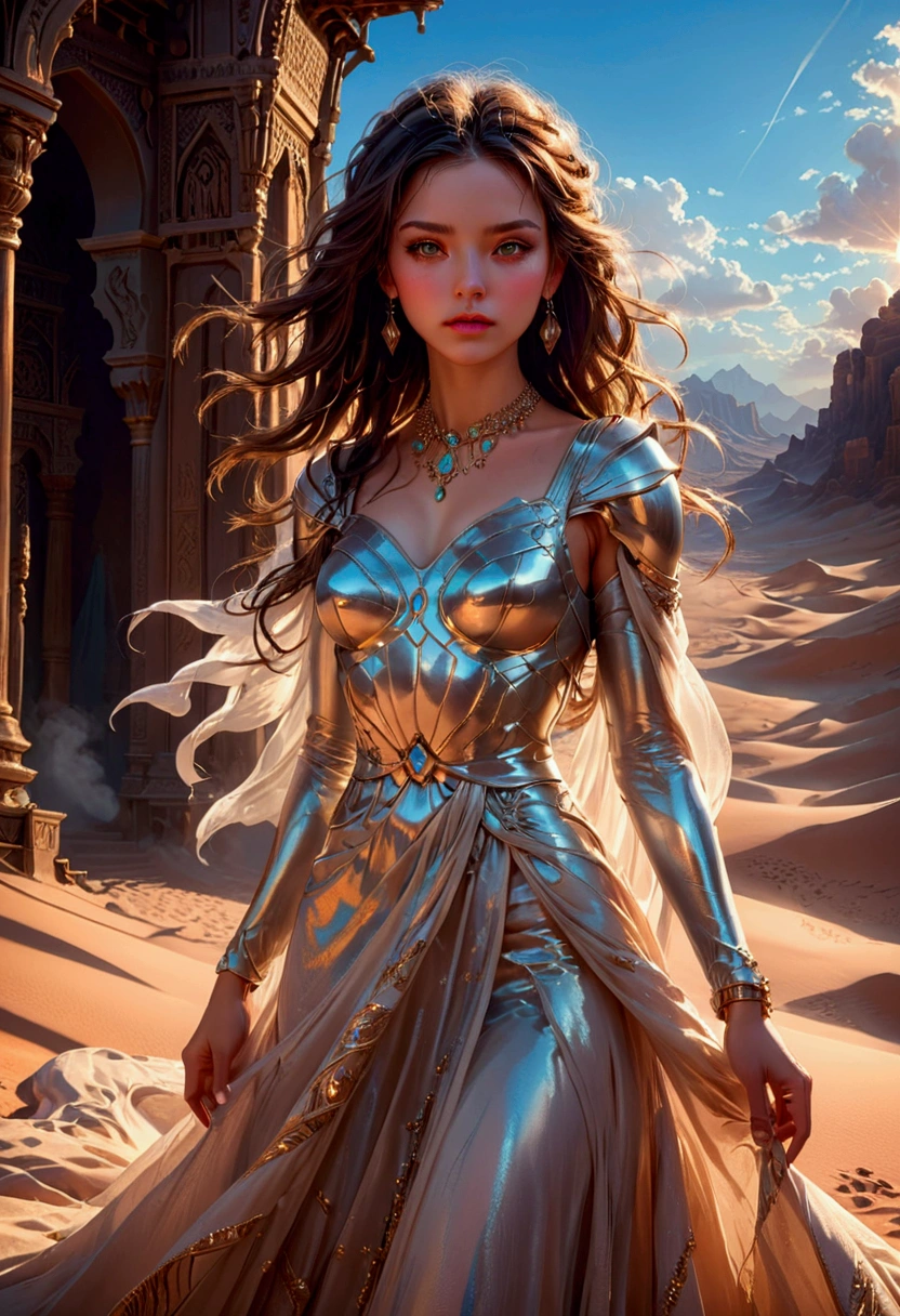 1girl, Desert Princess, A beautiful desert princess, detailed face, long eyelashes, full lips, flowing dress, intricate jewelry, desert landscape, dramatic lighting, epic fantasy, cinematic, highly detailed, 8K, masterpiece, best quality, very aesthetic, absurdres